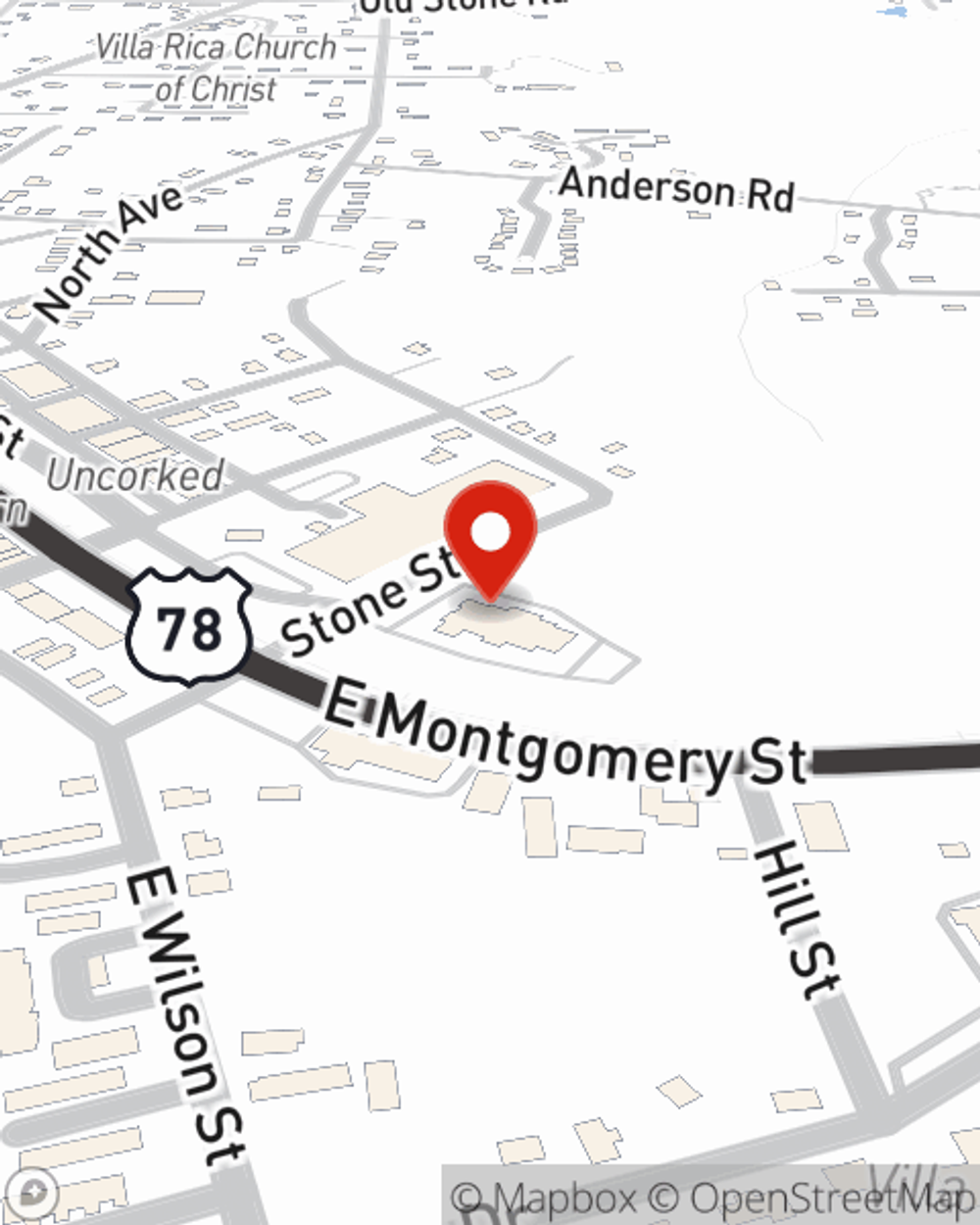 Map showing State Farm Agent Bradford Hegler's office at 150 Stone Street Suite D, Villa Rica, GA