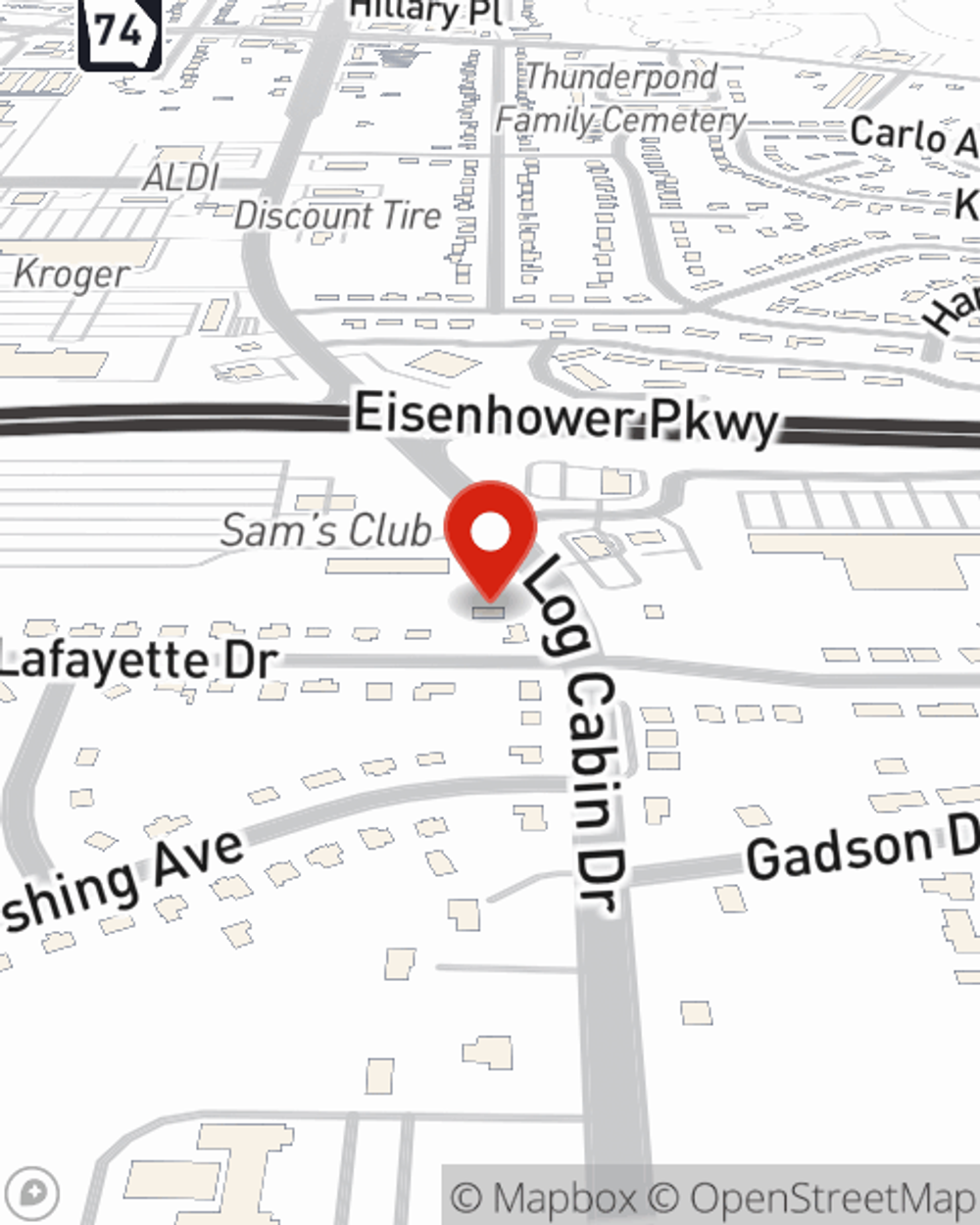 Map showing State Farm Agent T.J. Sutter's office at 4875 Log Cabin Drive, Macon, GA