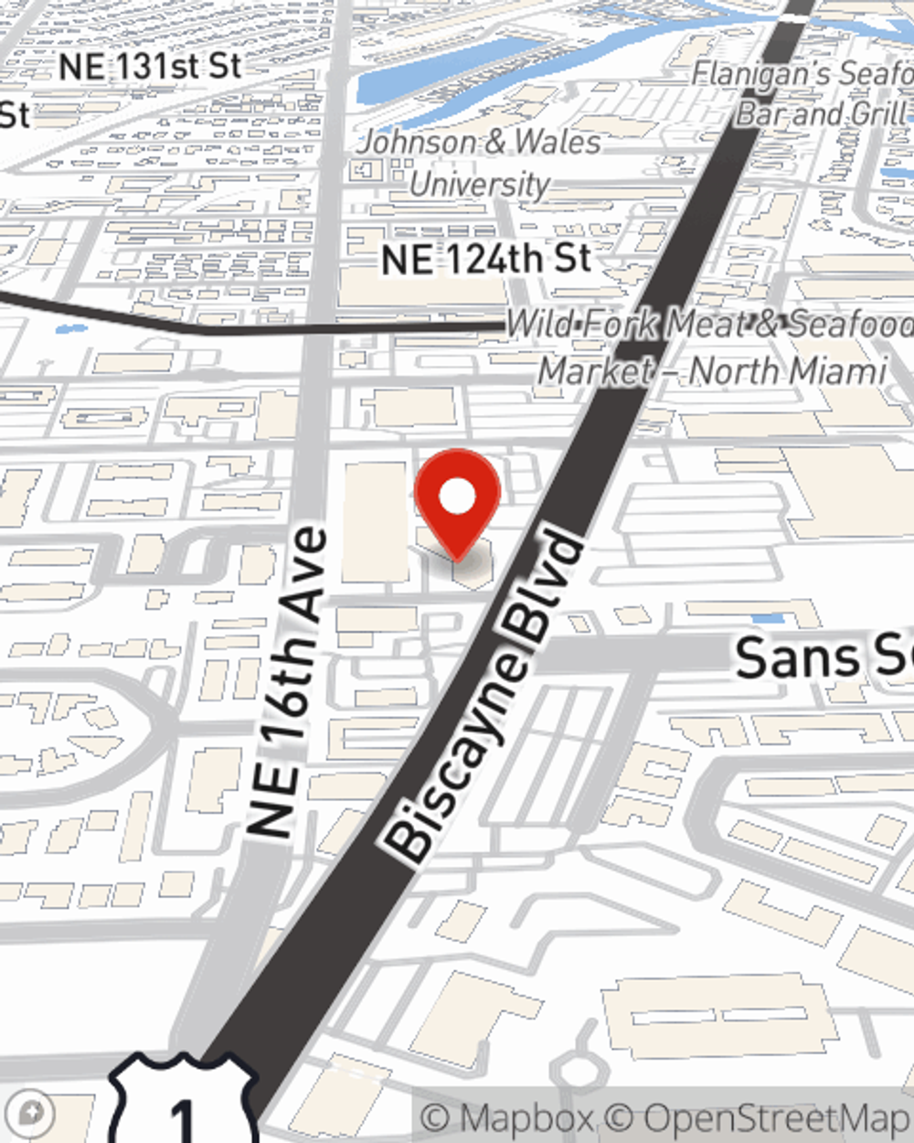 Map showing State Farm Agent Malcolm Hamilton's office at 11900 Biscayne Blvd Suite 105, North Miami, FL