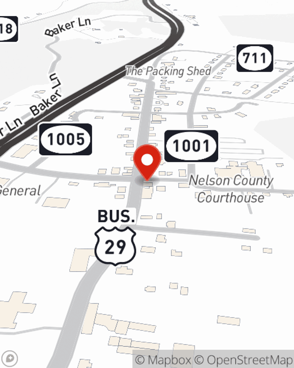 Map showing State Farm Agent Angela McKinney's office at 584 Front Street, PO Box 535, Lovingston, VA