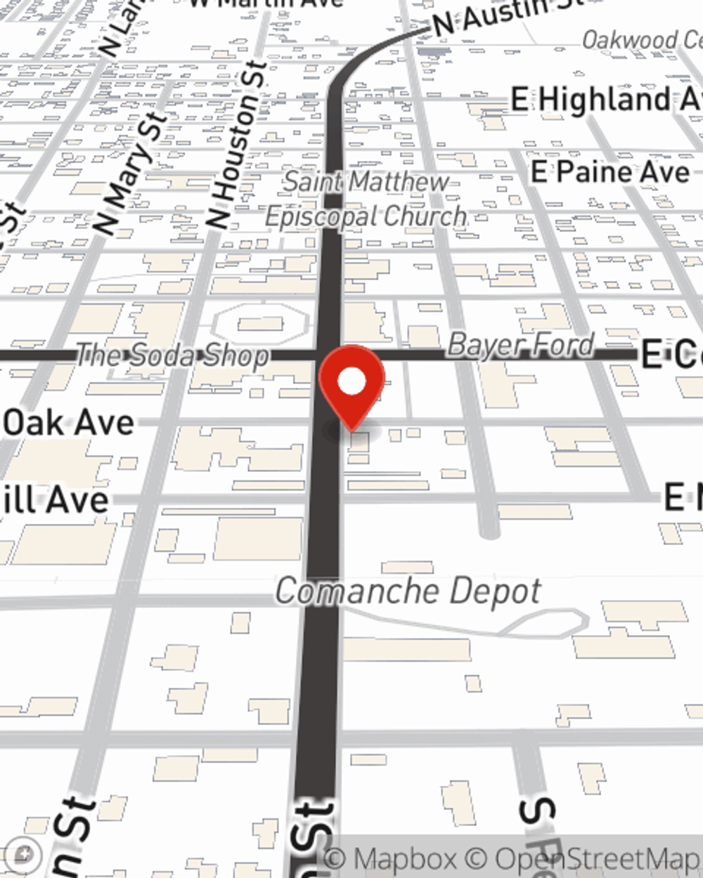 Map showing State Farm Agent Matthew Williams's office at 200 B S Austin St, Comanche, TX