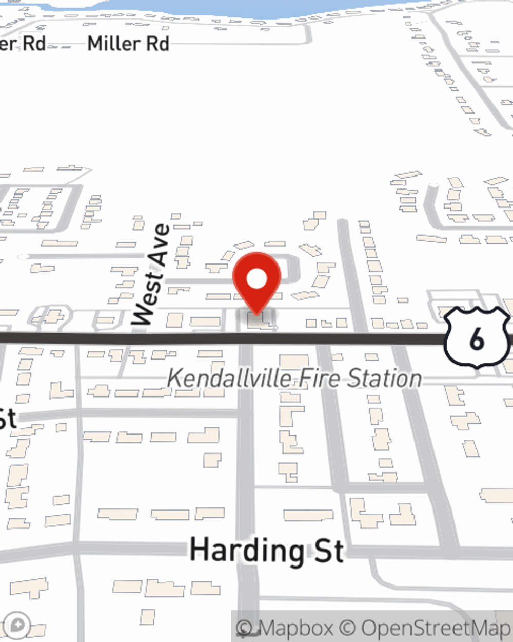 Map showing State Farm Agent Zach Pruitt's office at 307 E North St, Kendallville, IN