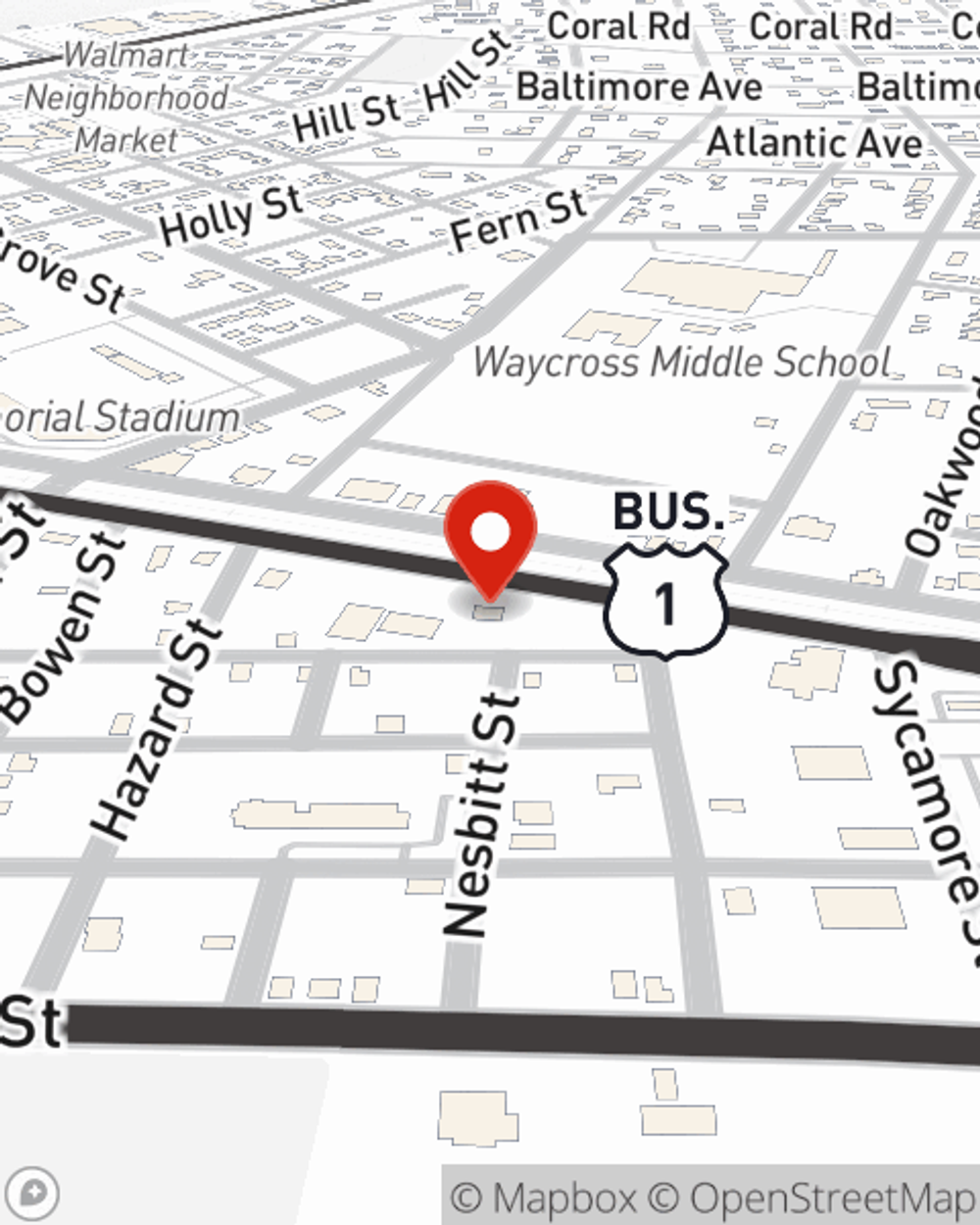 Map showing State Farm Agent David Hand's office at 1350 Memorial Drive, Waycross, GA
