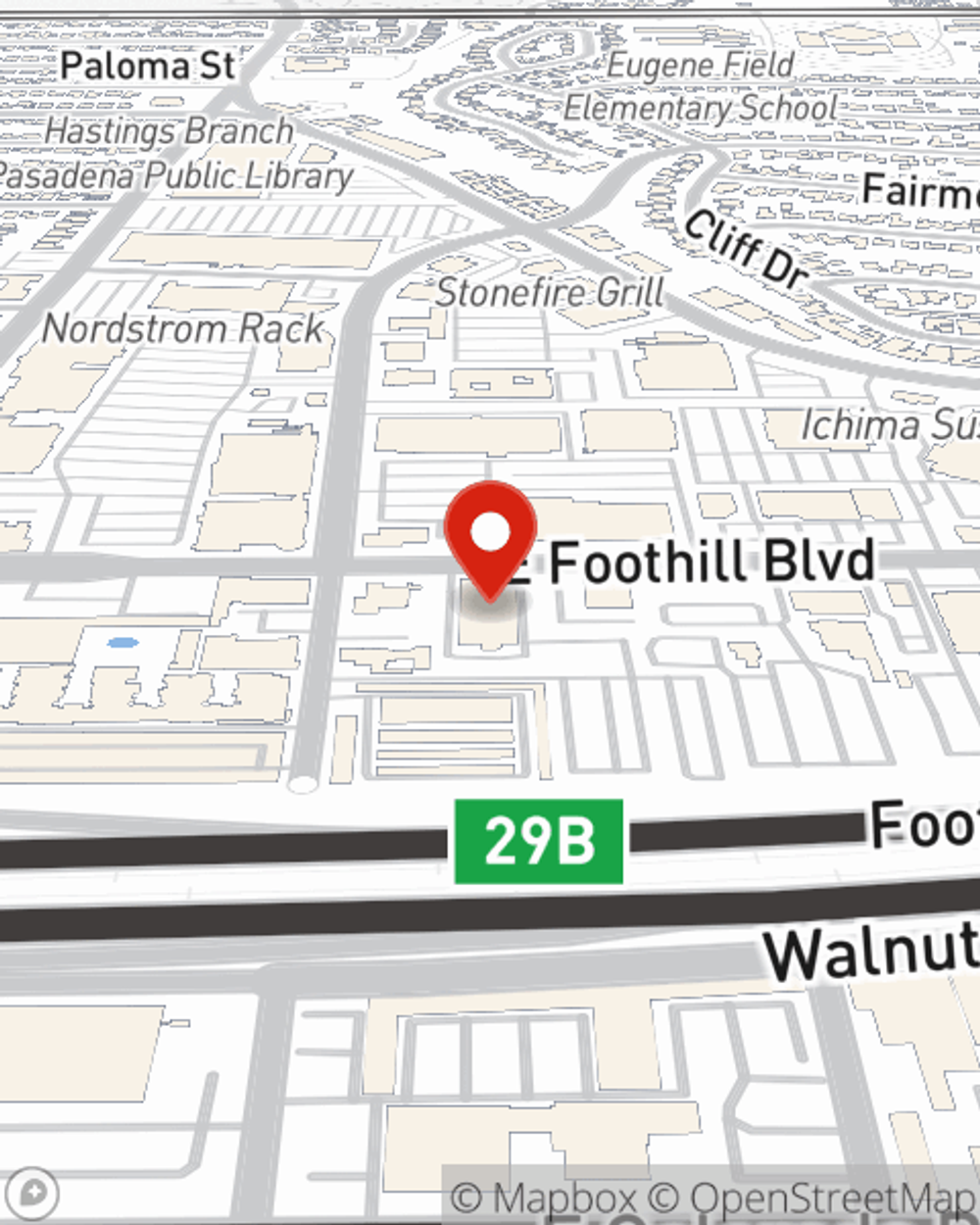 Map showing State Farm Agent Jonette Phillips's office at 3452 E. Foothill Blvd, Suite 320, Pasadena, CA