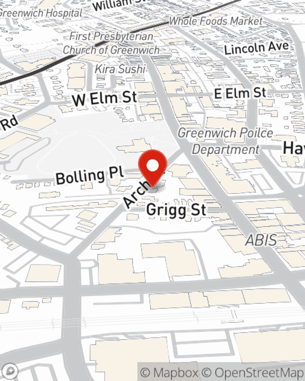 Map showing State Farm Agent Dalila Namy's office at 37 Arch Street, Suite 2B, Greenwich, CT