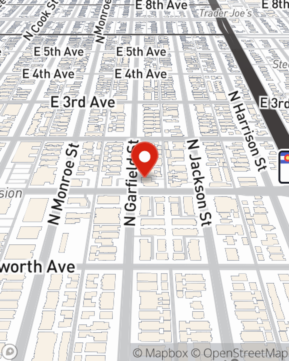 Map showing State Farm Agent John Lang's office at 100 Garfield Street, Ste 310, Denver, CO