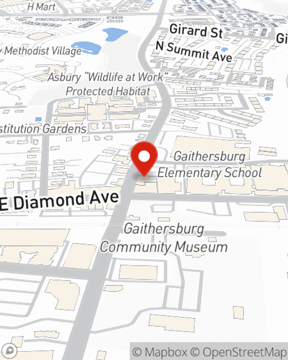 Map showing State Farm Agent Dave Vidmar's office at 9 North Summit Avenue, Gaithersburg, MD