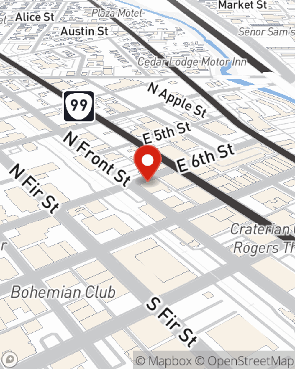 Map showing State Farm Agent Devin Banks's office at 110 E 6th Street, Medford, OR