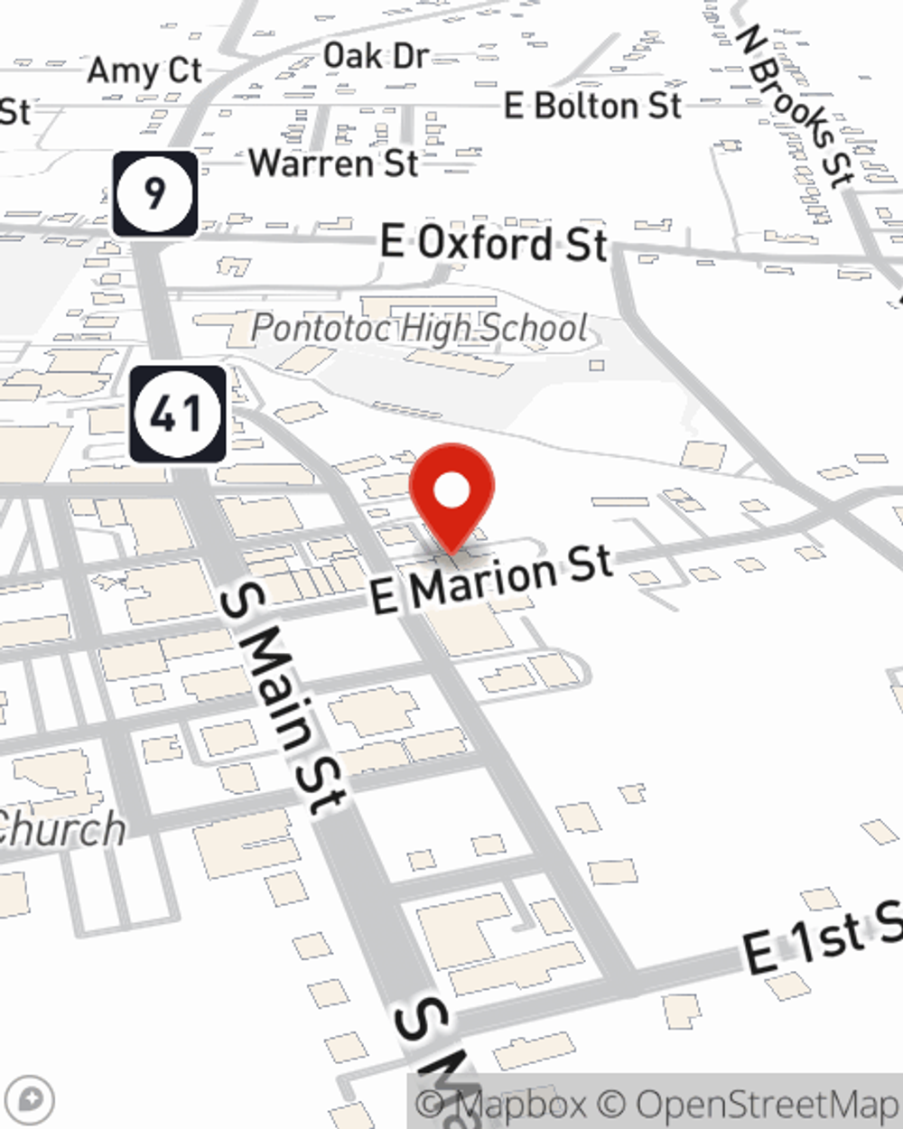 Map showing State Farm Agent Conrad Adams's office at 32 East Marion St, Pontotoc, MS