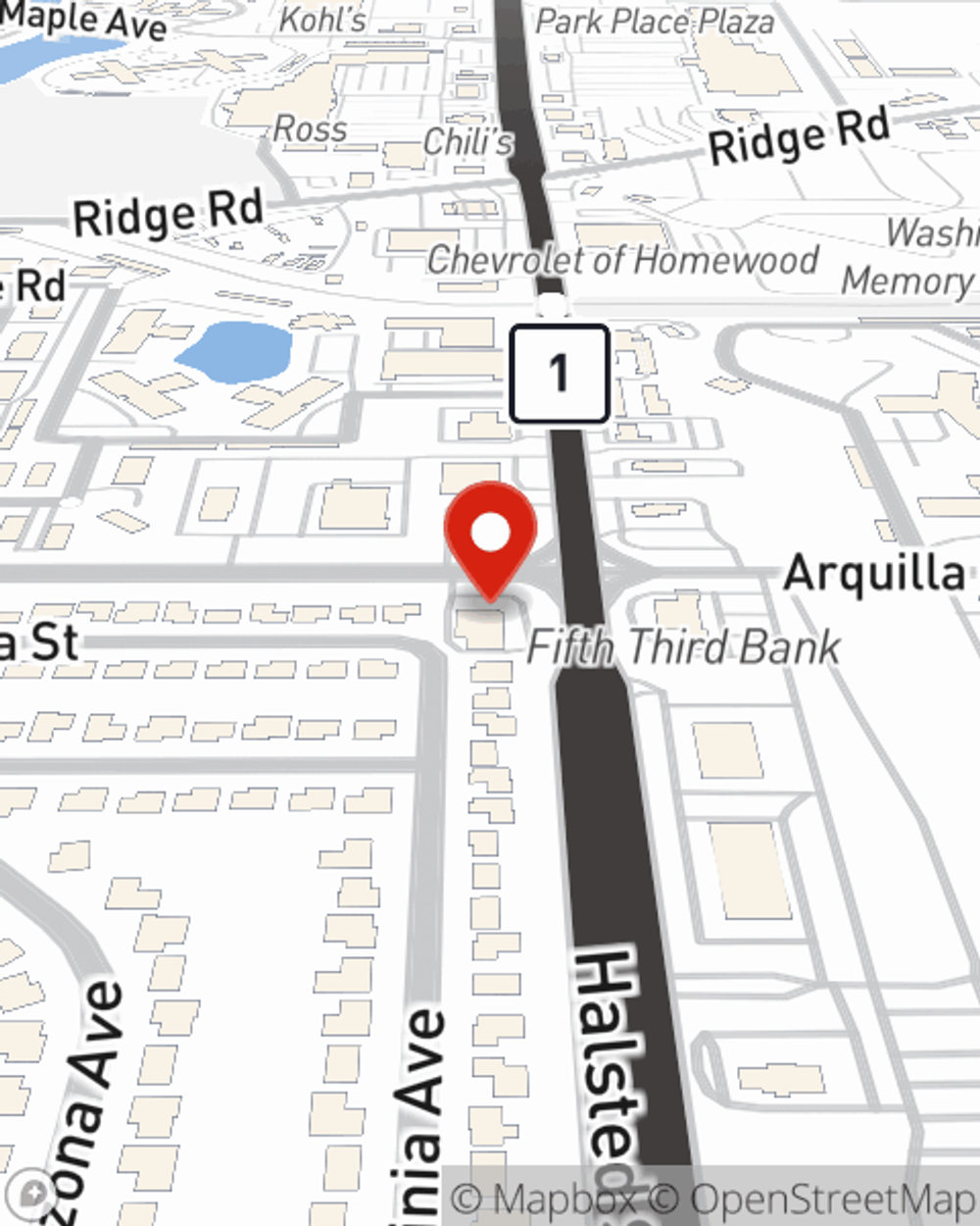 Map showing State Farm Agent Larry Kimbrough's office at 18300 S Halsted Street Suite B1, Glenwood, IL