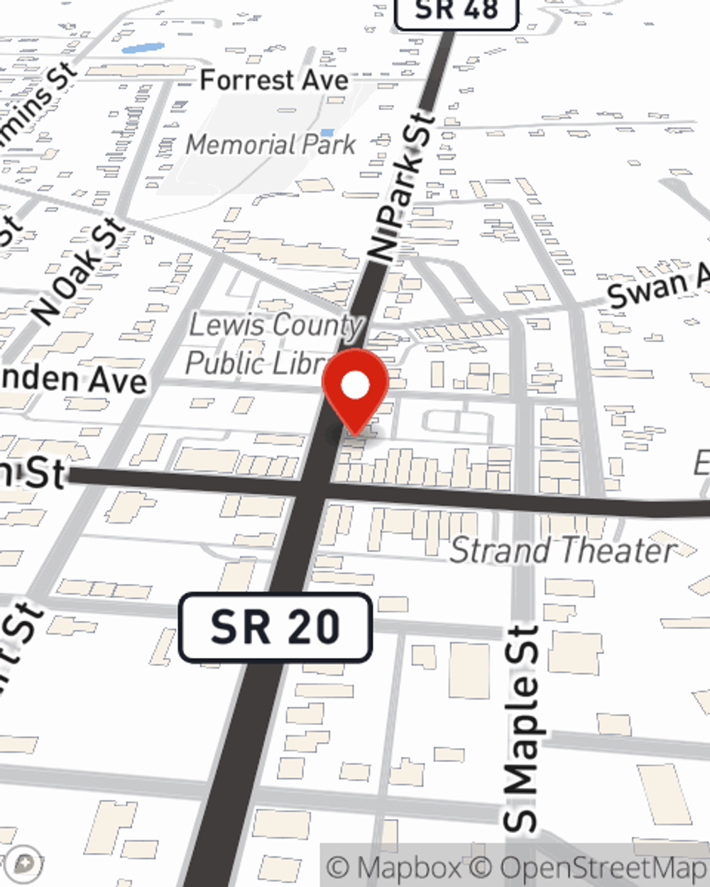 Map showing State Farm Agent Joseph Rooker's office at 23 N Park Street, Hohenwald, TN