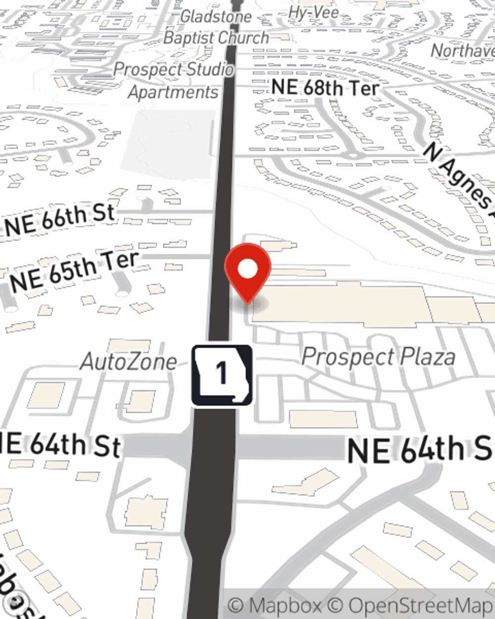 Map showing State Farm Agent Mary Ann Surber's office at 6407 N Prospect Ave, Gladstone, MO