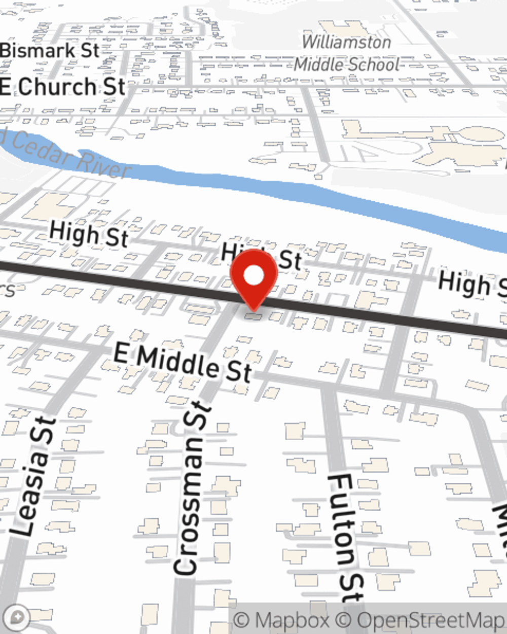 Map showing State Farm Agent Michael Chabut's office at 502 E. Grand River Ave., Williamston, MI