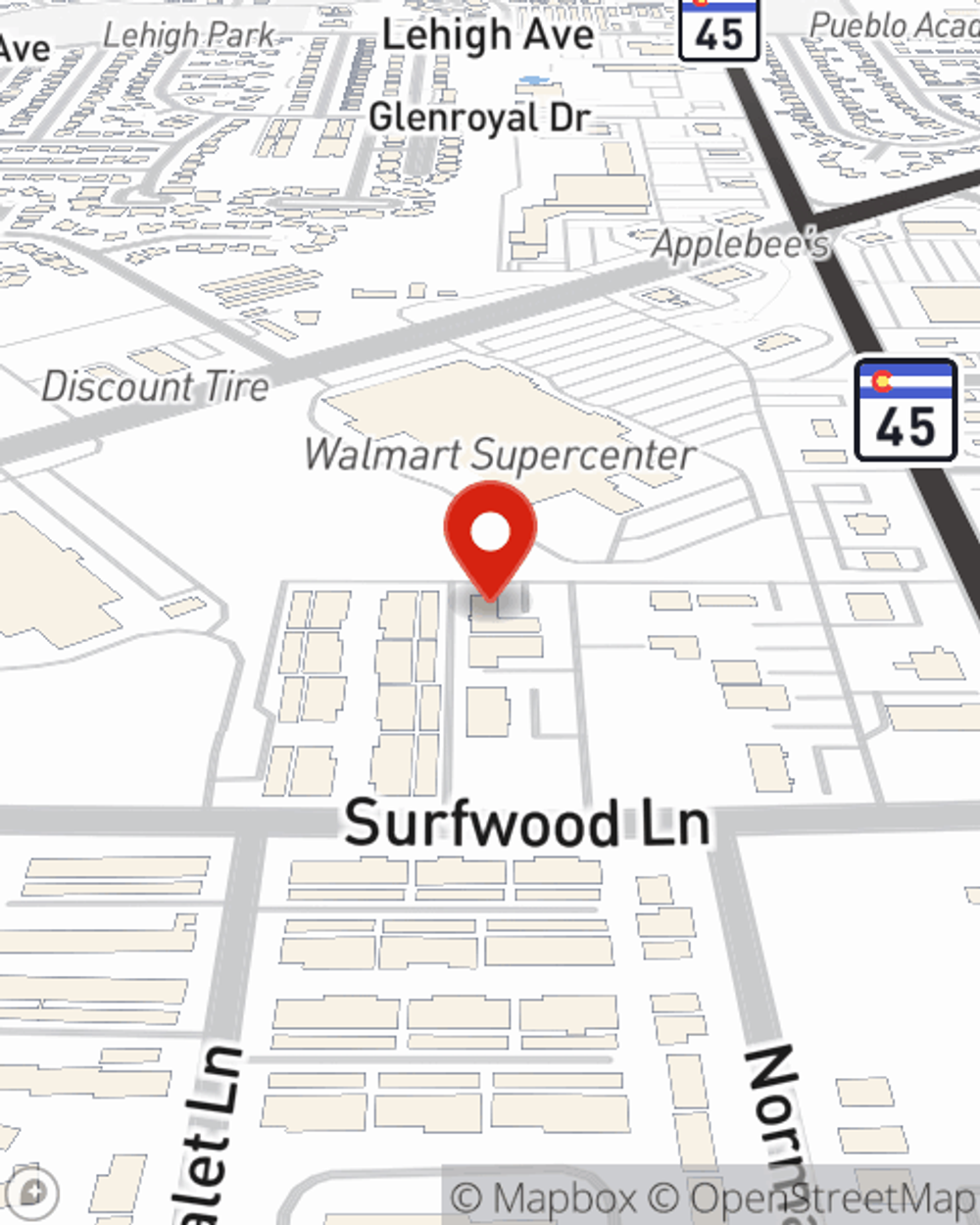 Map showing State Farm Agent Brian Mondragon's office at 4130 Redwood Lane, Suite 110, Pueblo, CO
