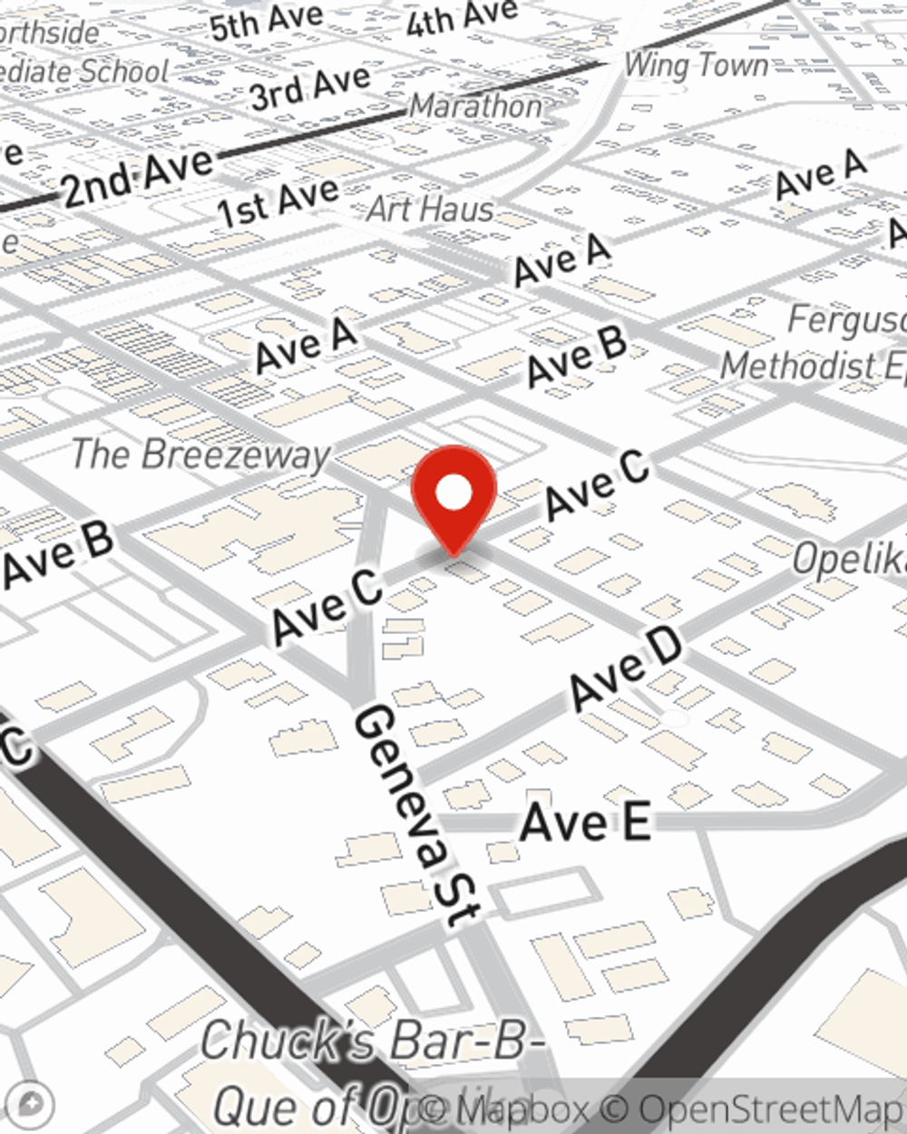 Map showing State Farm Agent Bill White's office at 401 S 8th Street, Opelika, AL