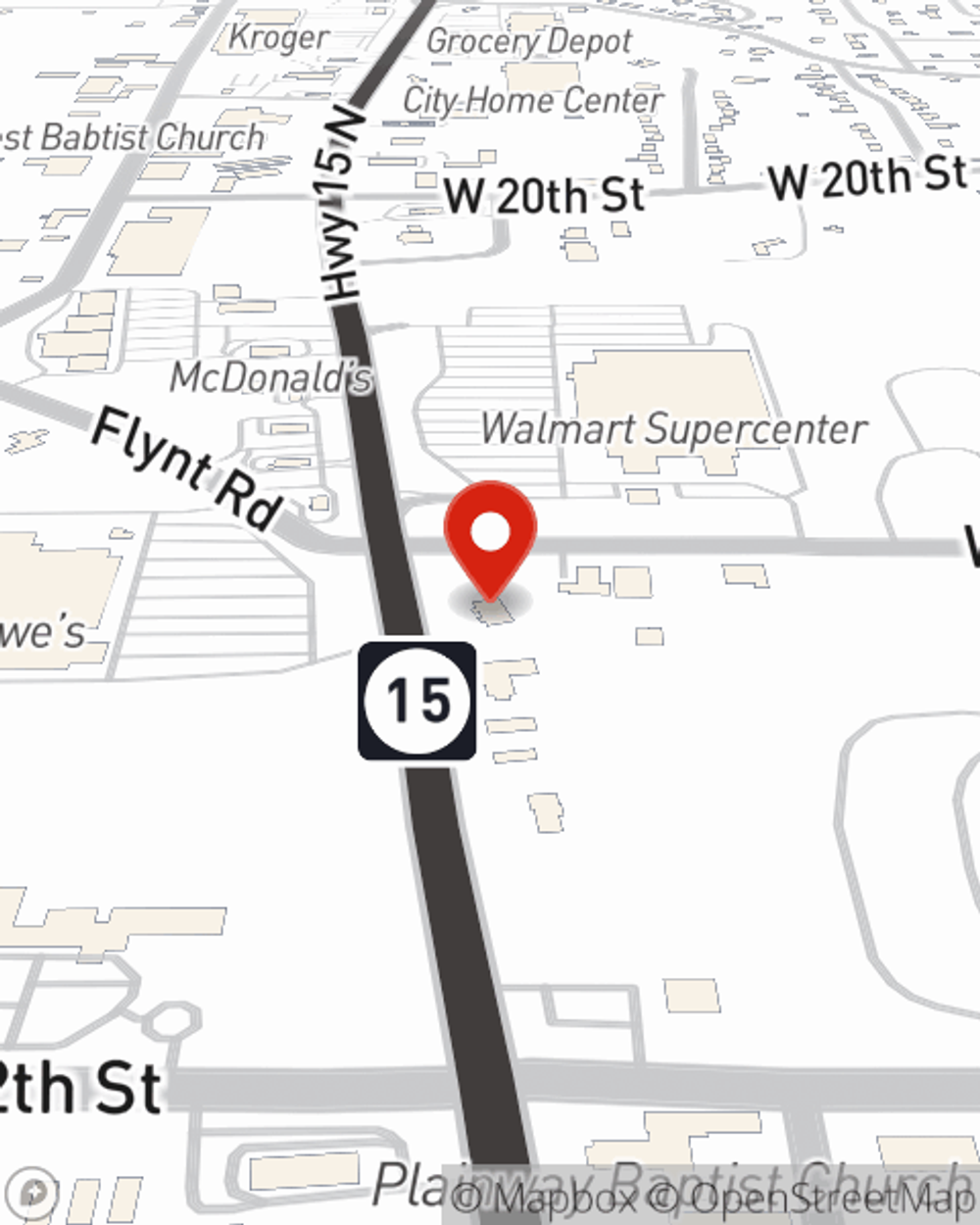 Map showing State Farm Agent John David Jefcoat's office at 1317 Highway 15 North Suite A Laurel, MS