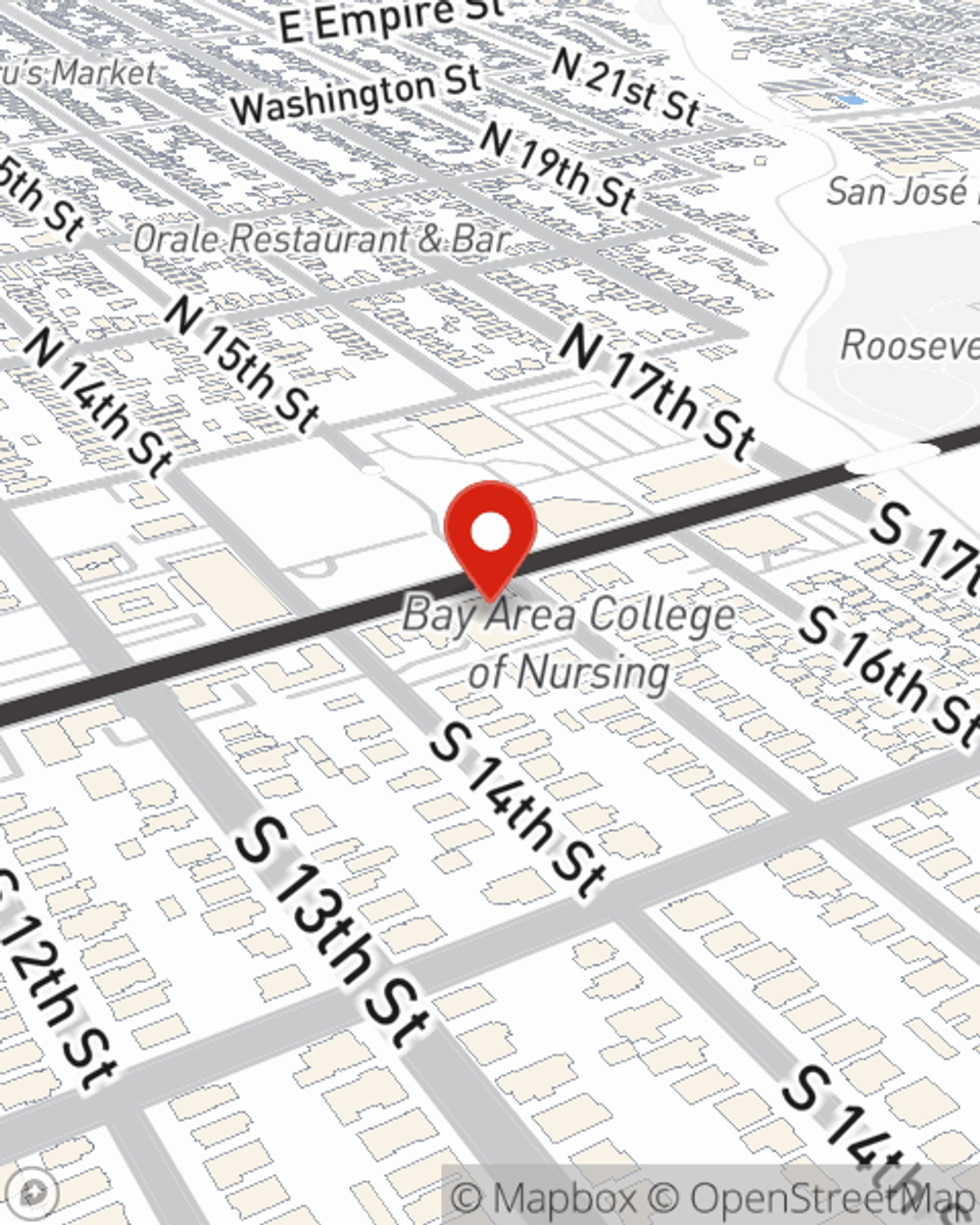Map showing State Farm Agent Rolando Suarez's office at 696 E Santa Clara Street, Suite 110, San Jose, CA