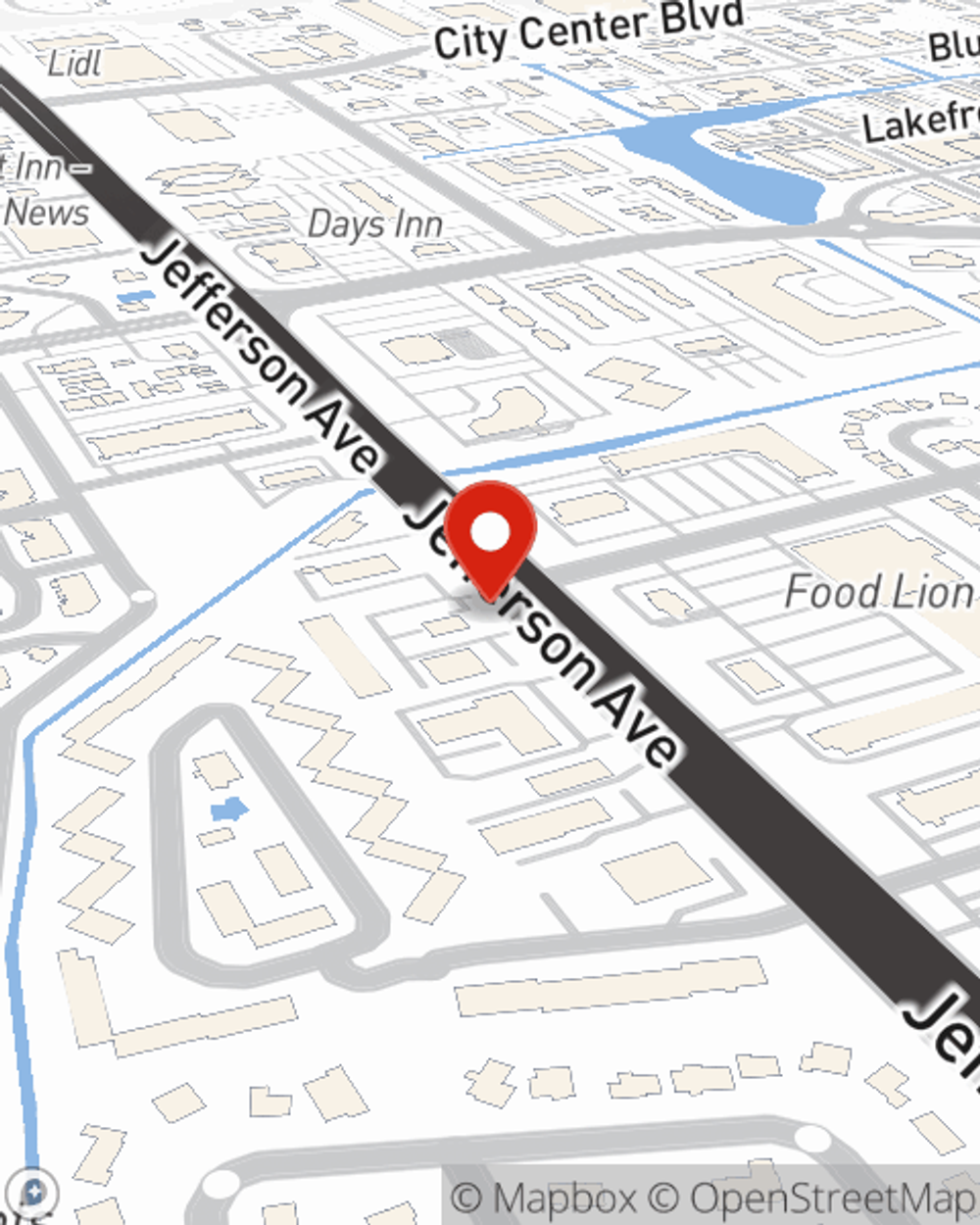 Map showing State Farm Agent Jimmy Fay's office at 11719-B Jefferson Ave Ste 107, Newport News, VA