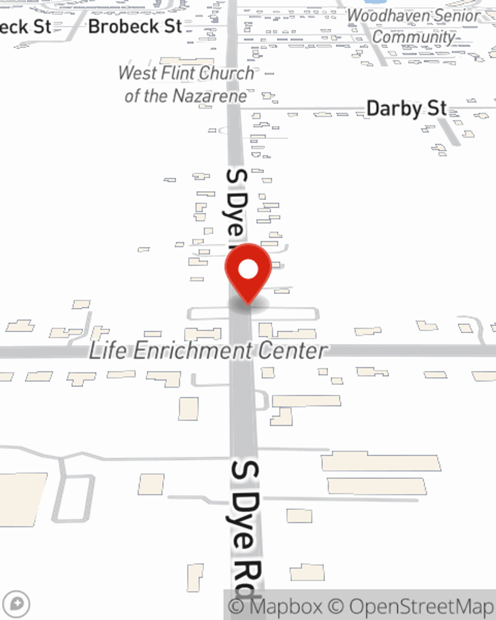 Map showing State Farm Agent Steve Dombrowski's office at 2501 S Dye Rd Ste C Flint, MI
