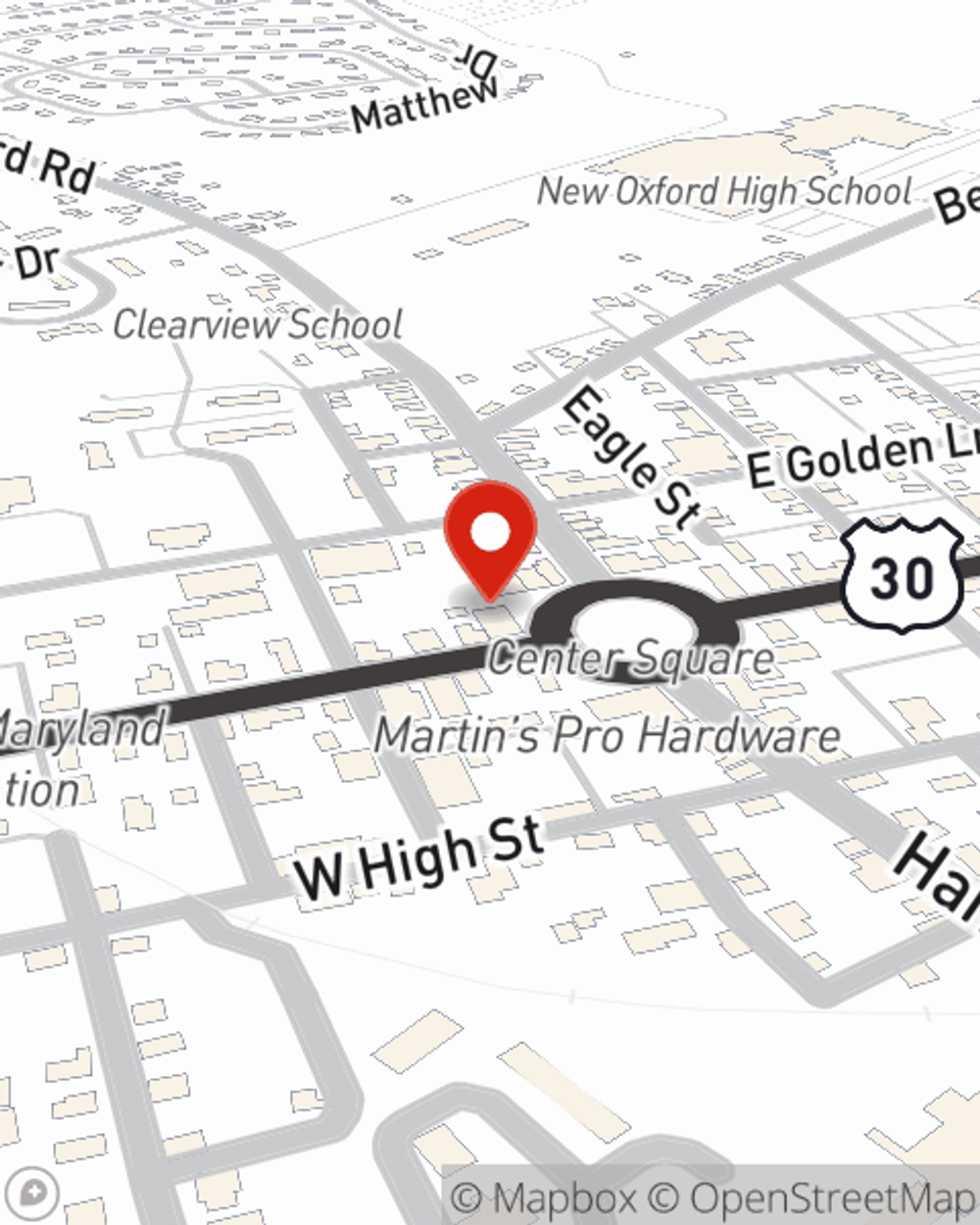 Map showing State Farm Agent Lyle Pitner's office at 14 Center Square, New Oxford, PA